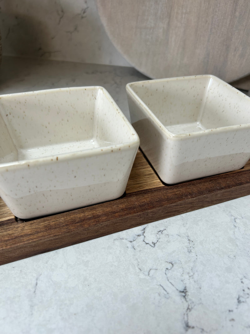 Square Ceramic Dip Dishes on Wood Tray 32cm