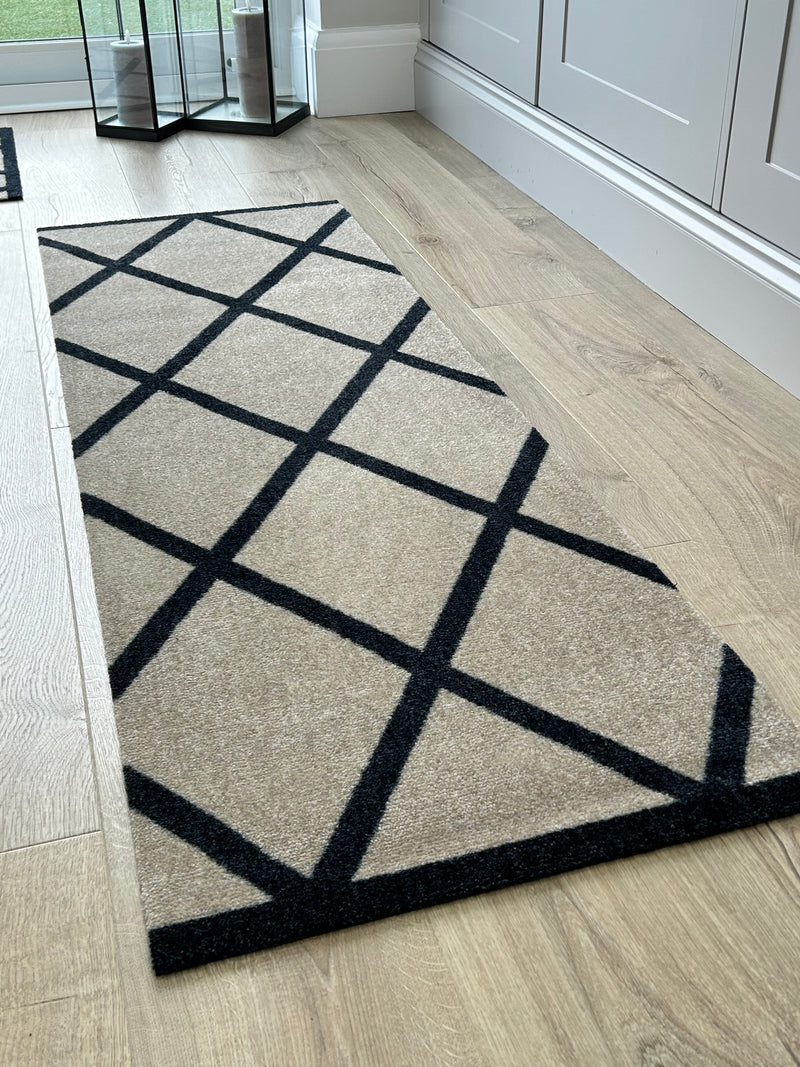 Abstract Natural Black Geometric Washable Door Mat & Runner rug