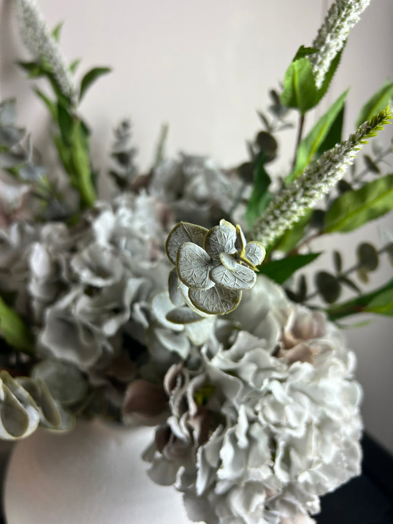 Bouquet arrangement 4 grey/taupe hydrangeas white Veronica eucalyptus bunch