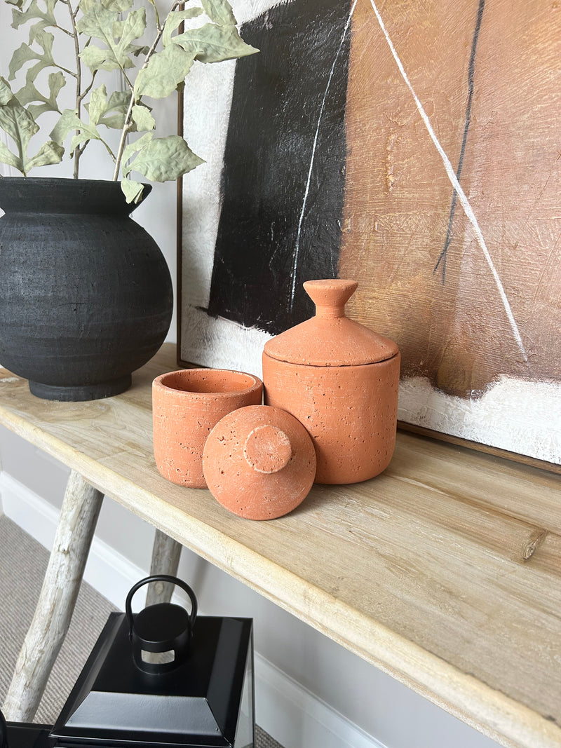 Terracotta textured lidded jar pot 2 sizes