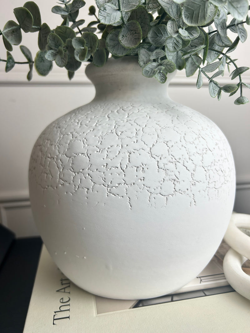 White Round Shaped Terracotta Clay crackle Vase