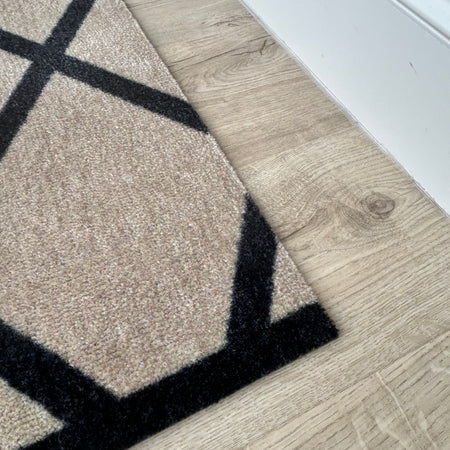 Abstract Natural Black Geometric Washable Door Mat & Runner rug