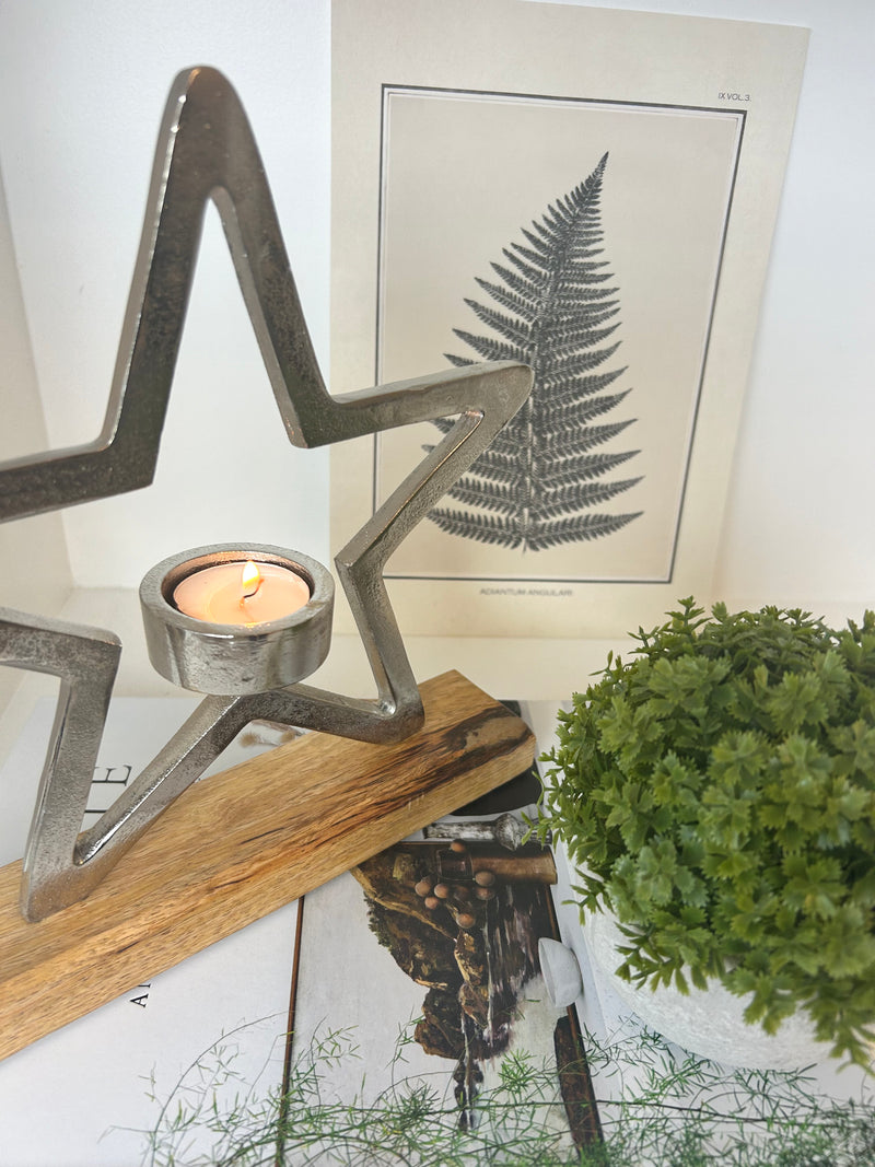 Aluminium Star On Wood Base Tea light candle Holder