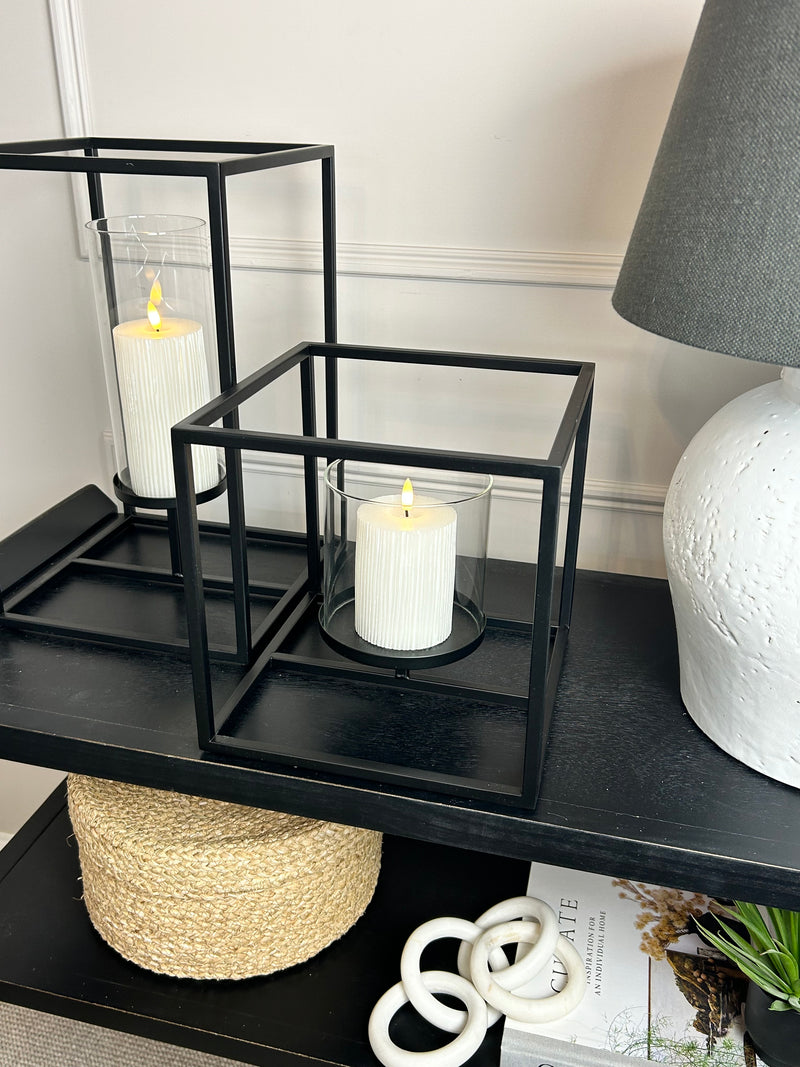 Framed windlight black metal candle holder 2 sizes