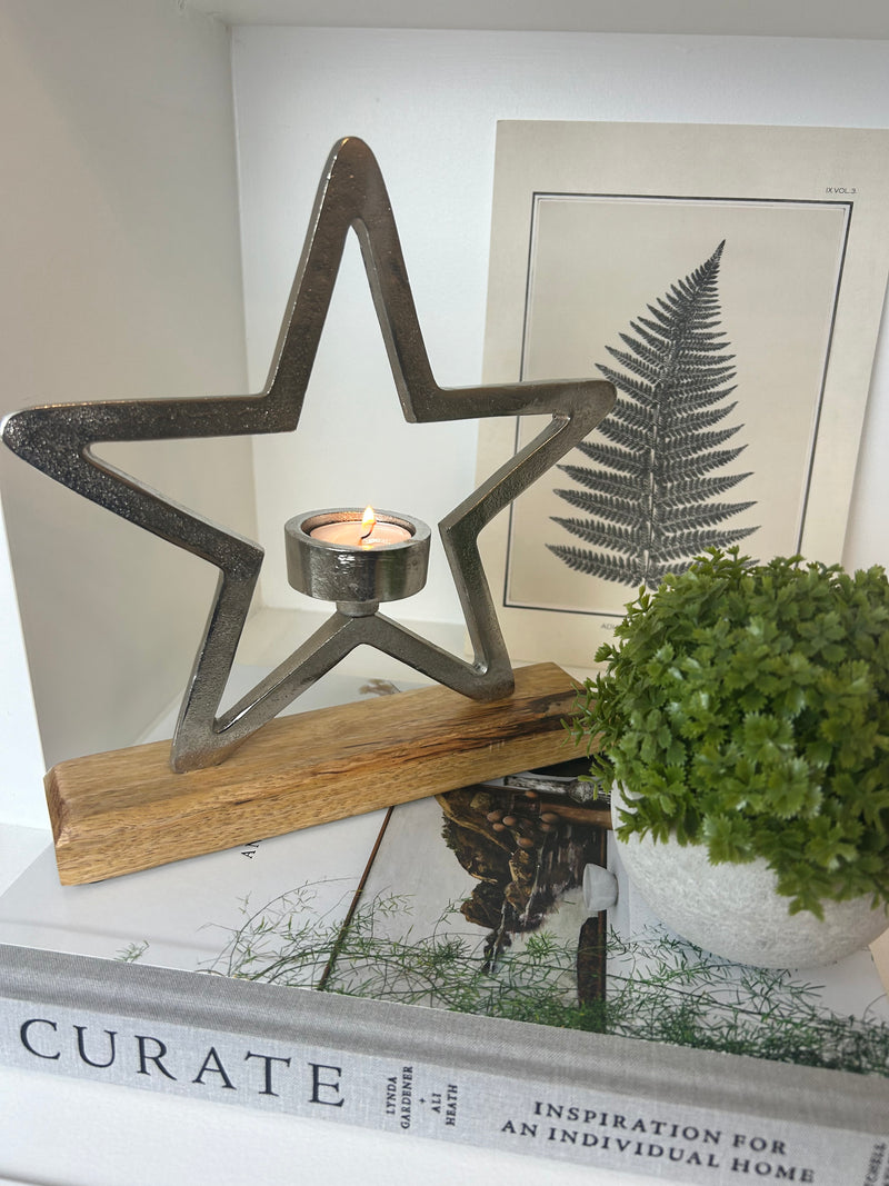 Aluminium Star On Wood Base Tea light candle Holder