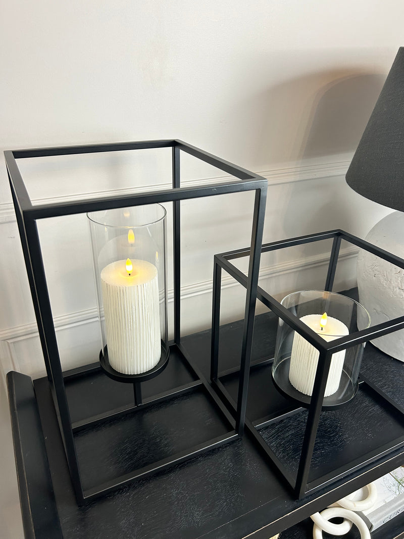 Framed windlight black metal candle holder 2 sizes