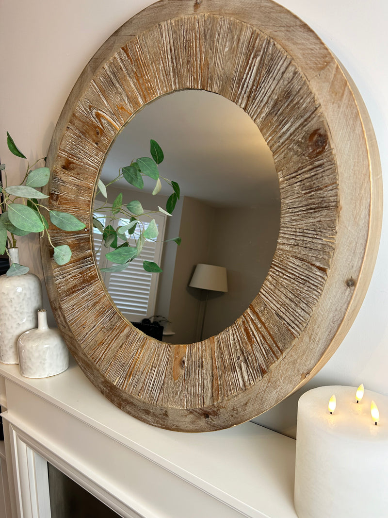 Washed wood round chunky mirror