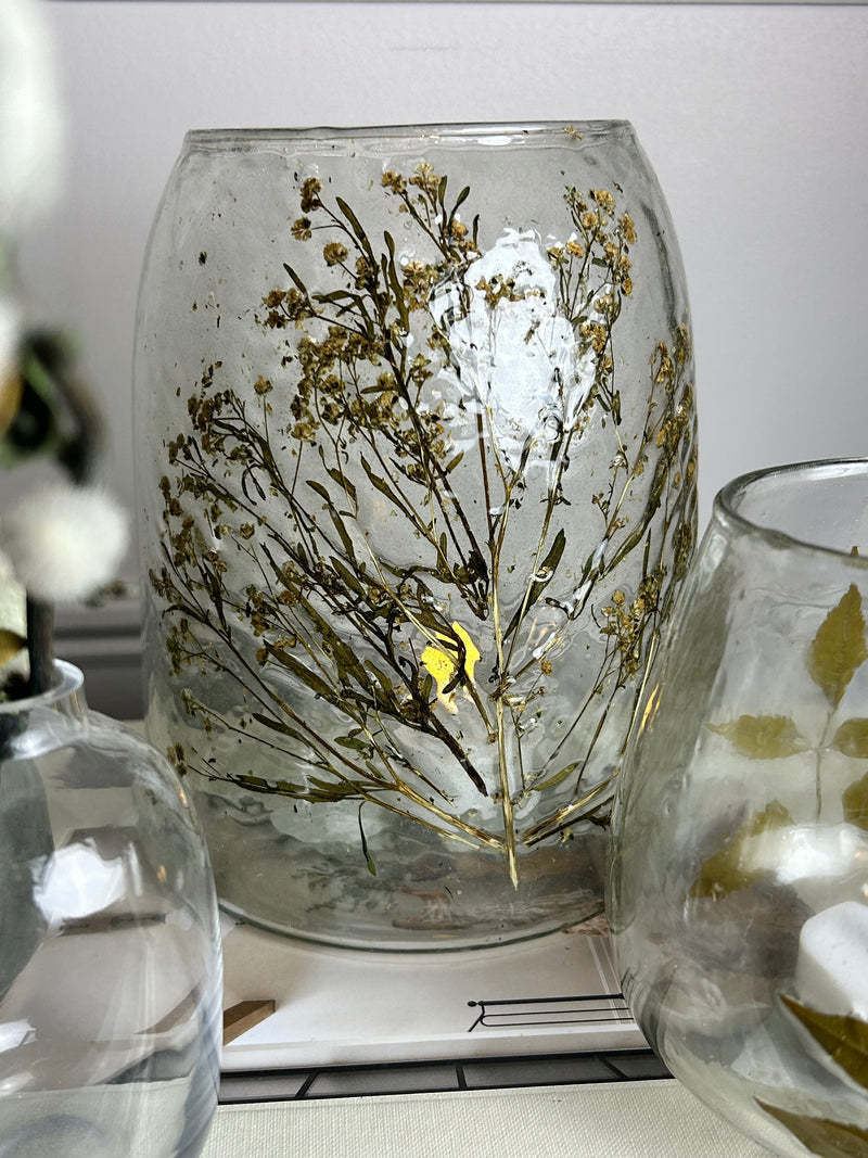 Dried flower candle holder recycled glass 17cm