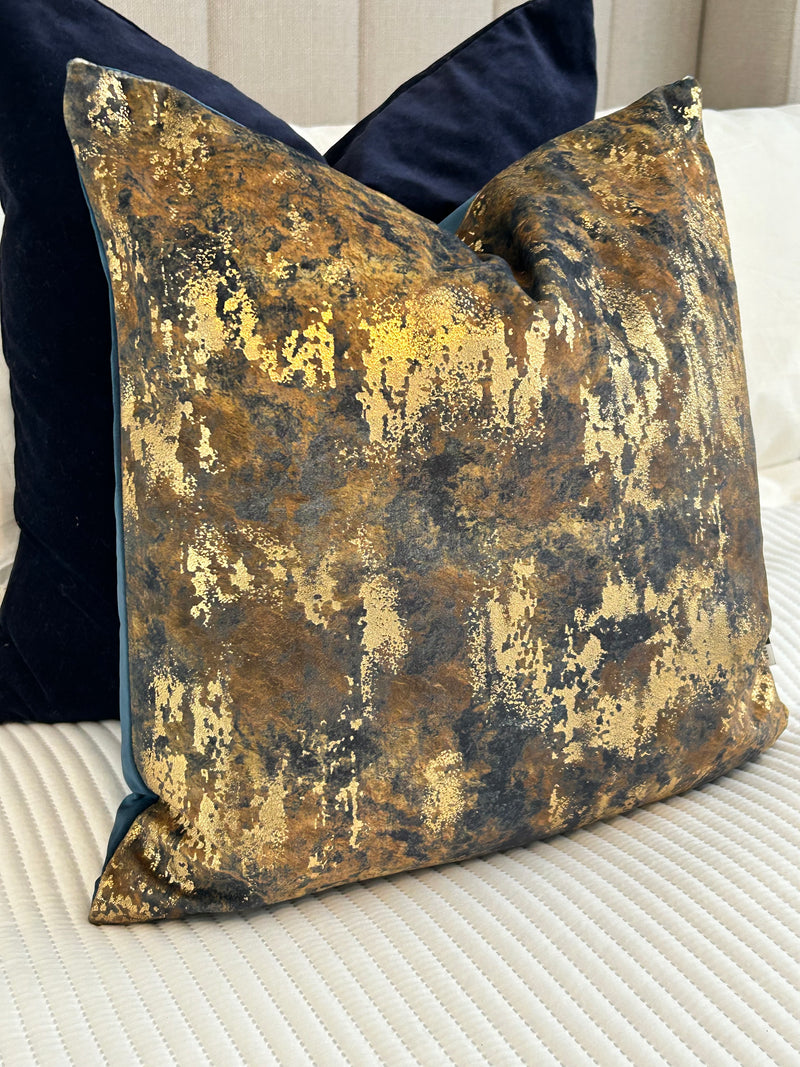 Brazen Blue gold bronze metallic textured luxury feather filled cushion