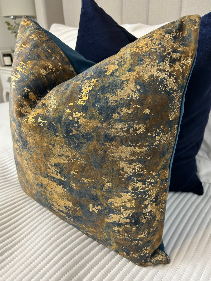 Brazen Blue gold bronze metallic textured luxury feather filled cushion