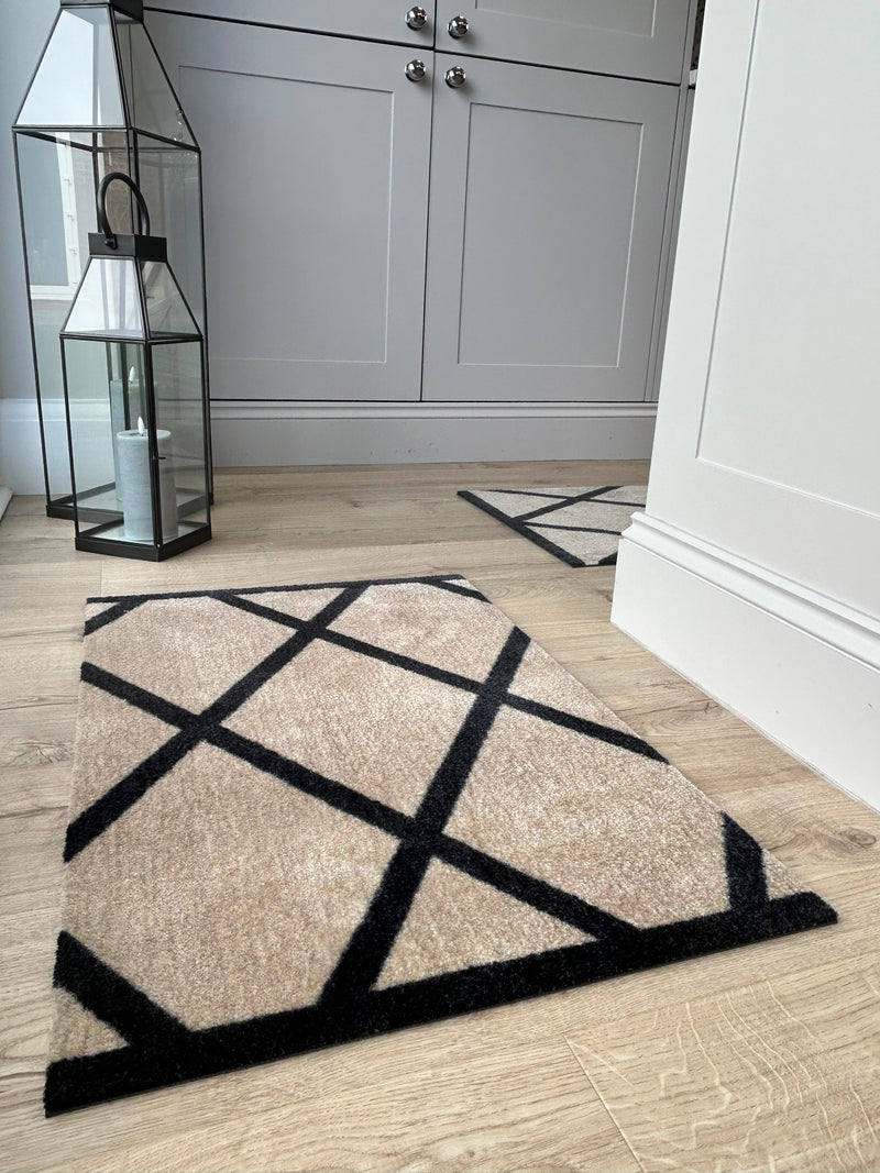 Abstract Natural Black Geometric Washable Door Mat & Runner rug