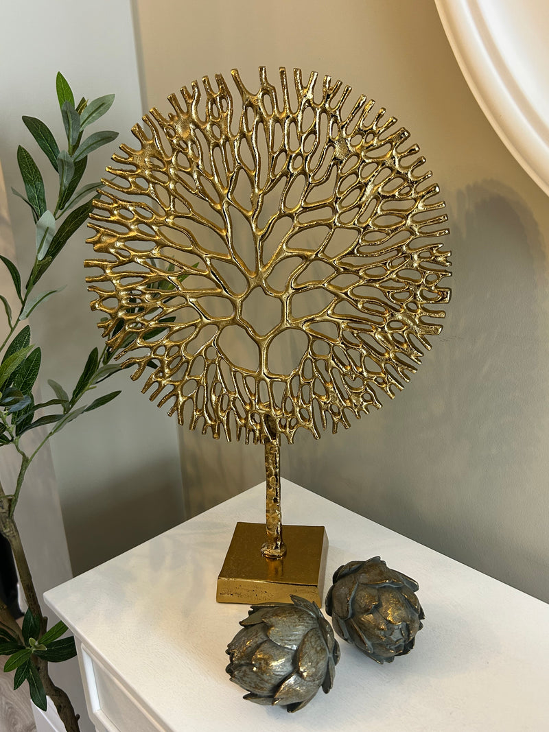 Gold metal coral tree on stand