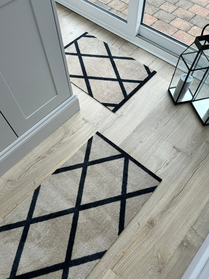 Abstract Natural Black Geometric Washable Door Mat & Runner rug