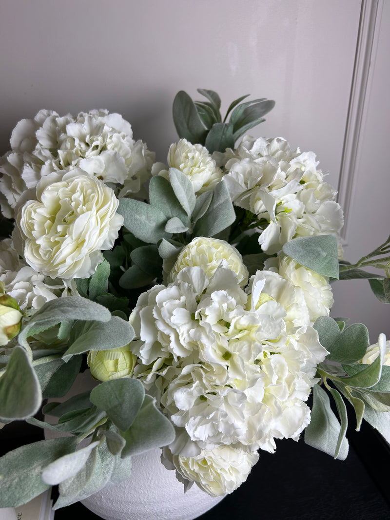 Bouquet arrangement 3 lambs ear white hydrangeas white ranunculus