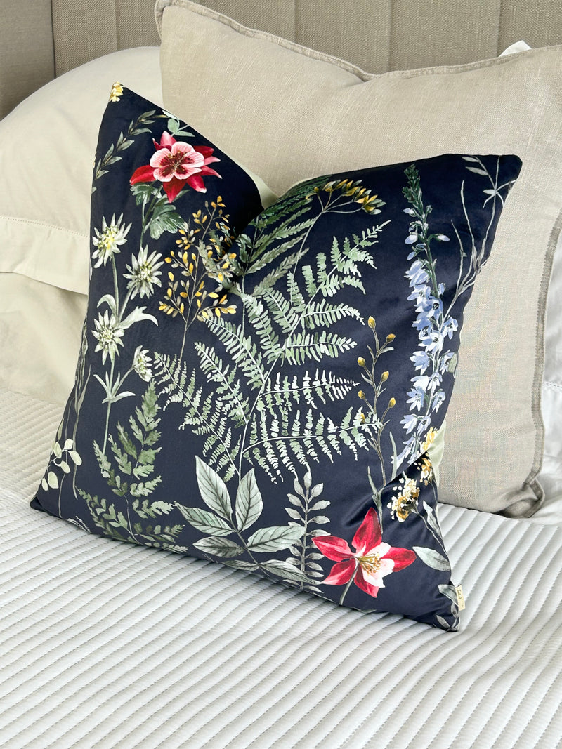 Eden Navy Blue Leaf Print Feather Filled Cushion 43cm x 43cm