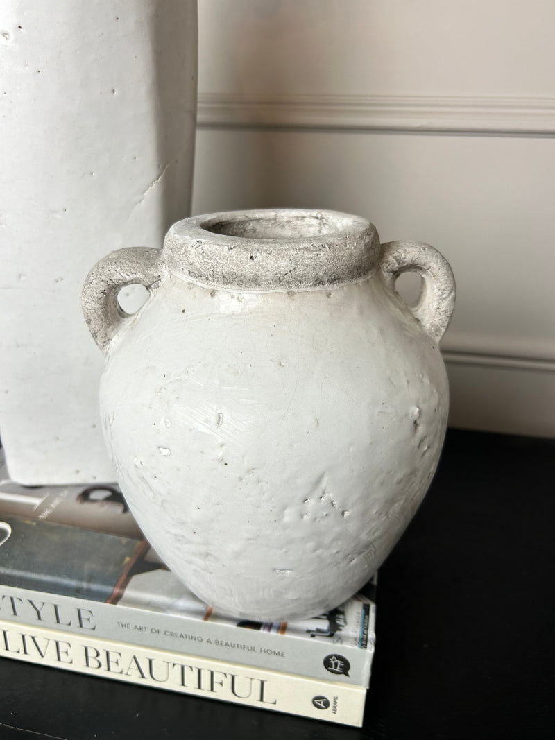 Off White Crackle Finished Squat Double Handled stone Vase