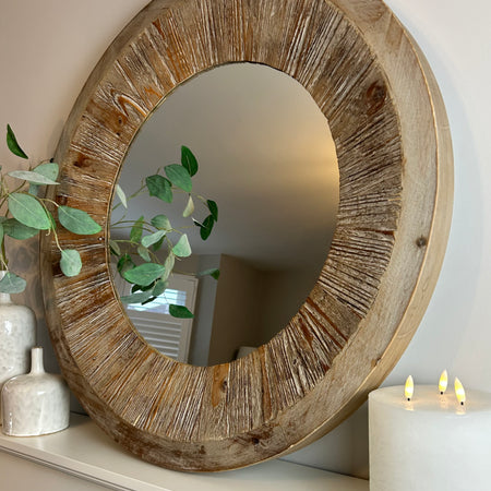 Washed wood round chunky mirror