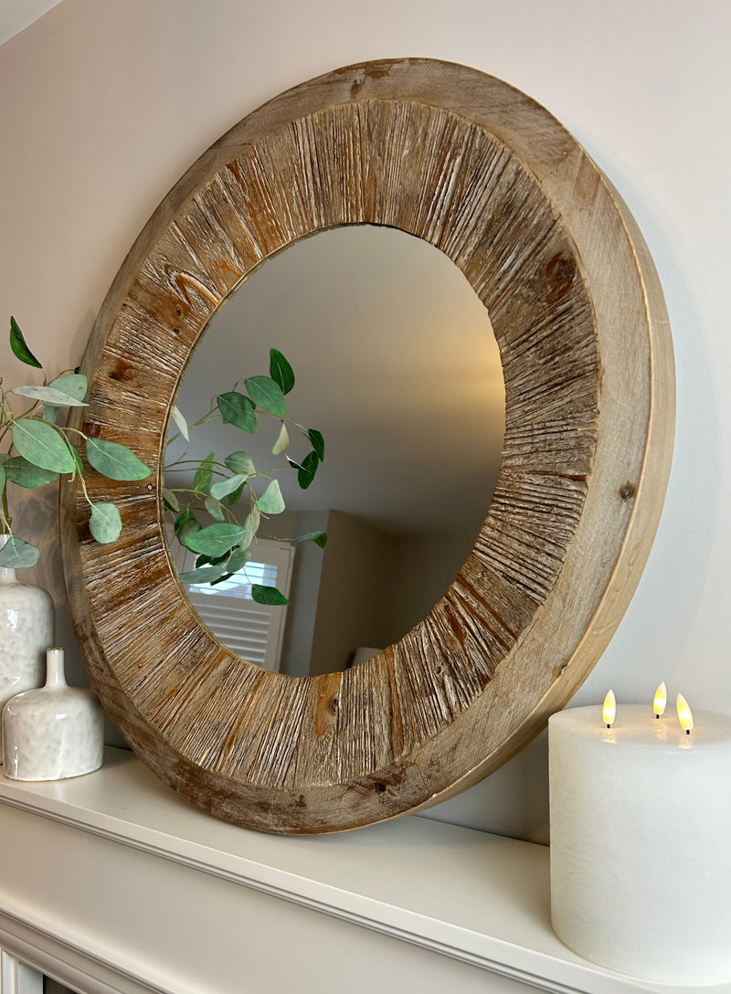 Washed wood round chunky mirror