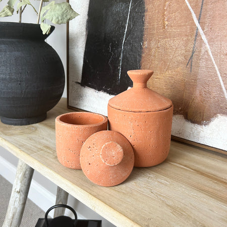 Terracotta textured lidded jar pot 2 sizes