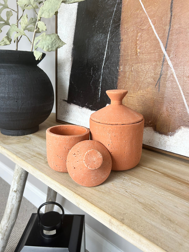 Terracotta textured lidded jar pot 2 sizes