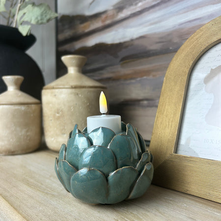 Turquoise blue flower petal candle holder