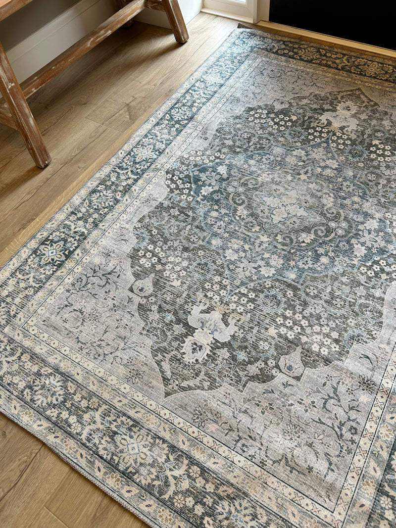 Oakham Traditional blue green Grey Washable Runner mat rug Available in 3 Sizes