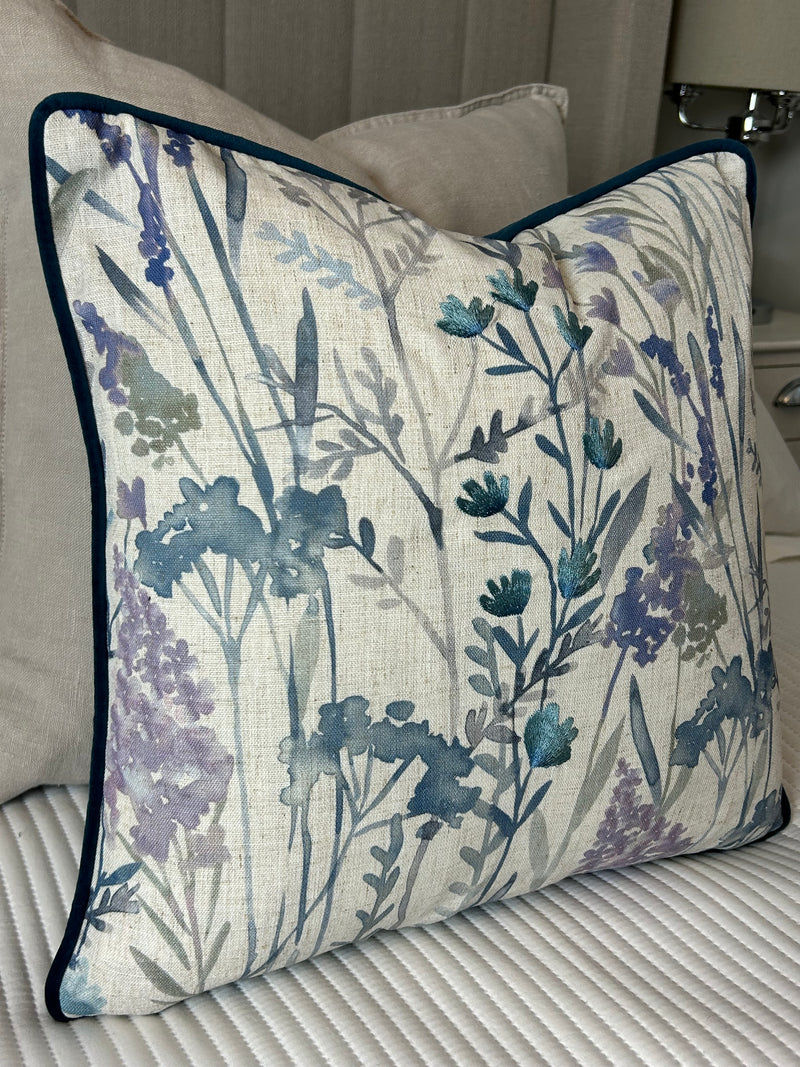 Blue Purple Linen & Velvet  Meadow Print Cushion luxury floral 45cm