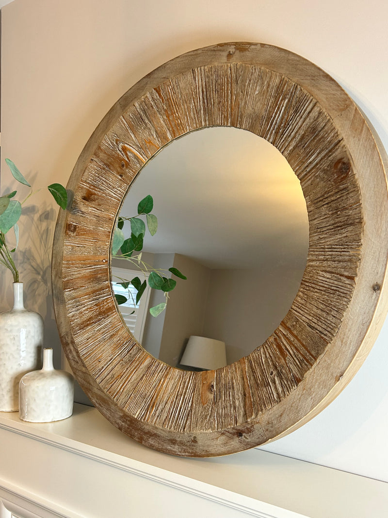 Washed wood round chunky mirror