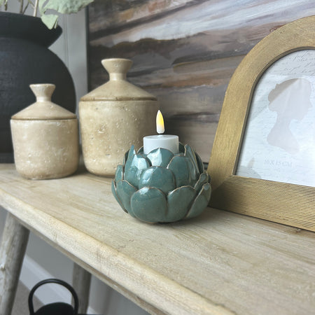 Turquoise blue flower petal candle holder