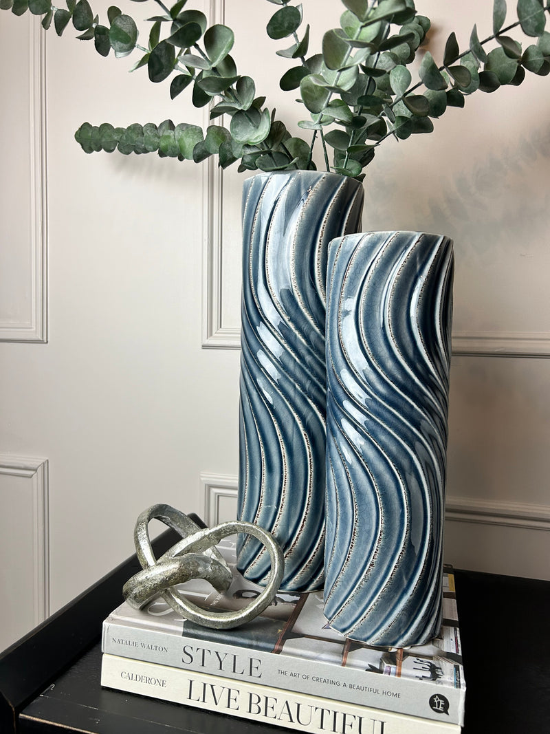 Blue Tall Wavy wave Texture Straight Sided Vase 2 Sizes