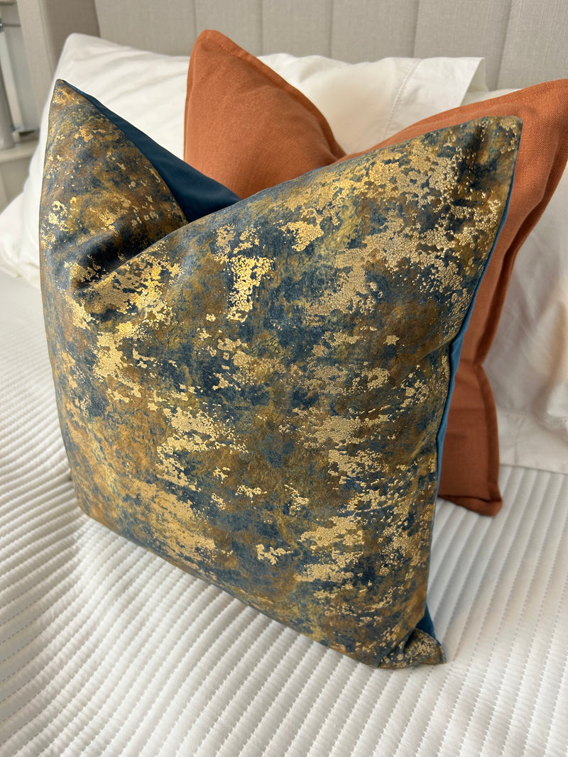 Brazen Blue gold bronze metallic textured luxury feather filled cushion