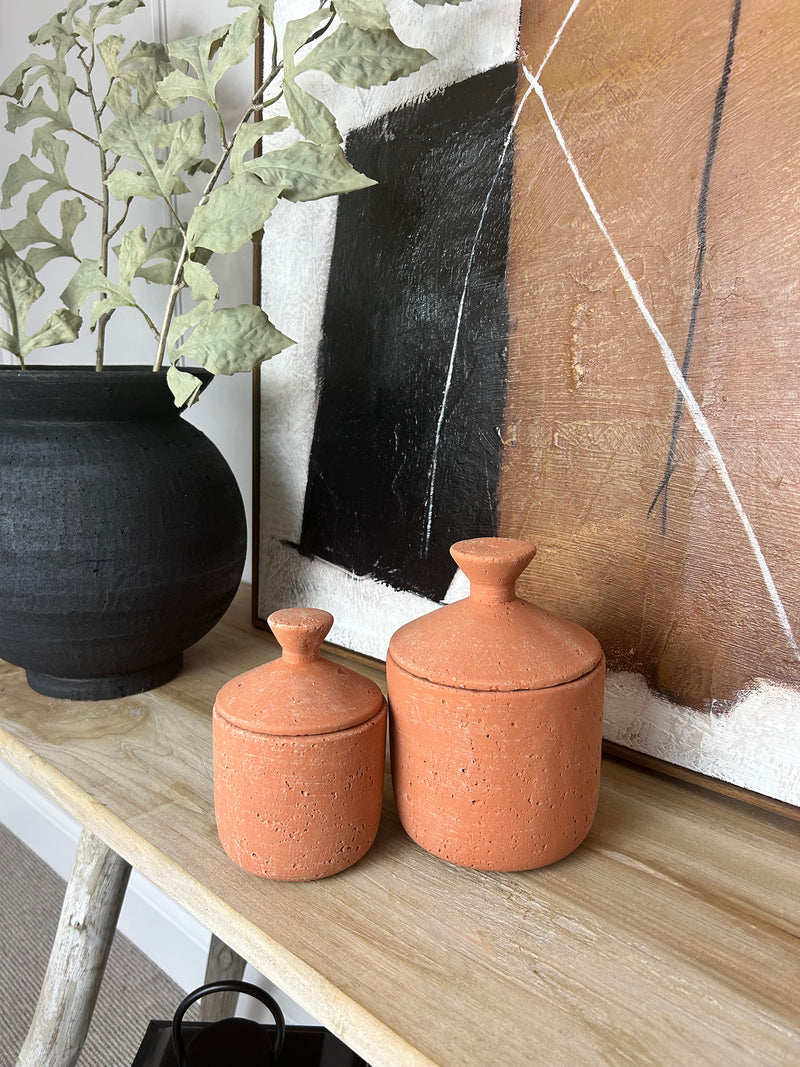 Terracotta textured lidded jar pot 2 sizes