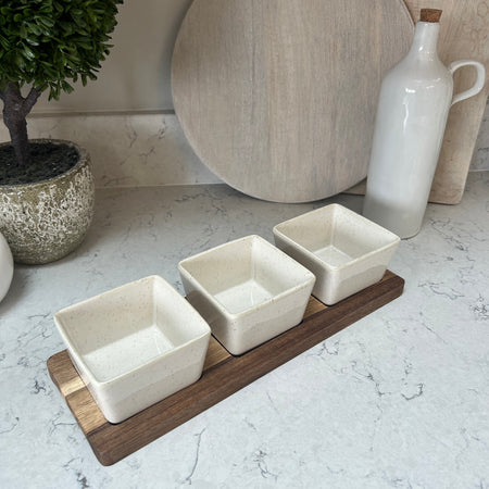 Square Ceramic Dip Dishes on Wood Tray 32cm