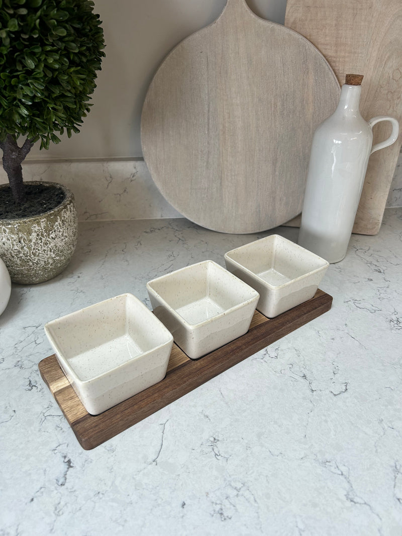 Square Ceramic Dip Dishes on Wood Tray 32cm