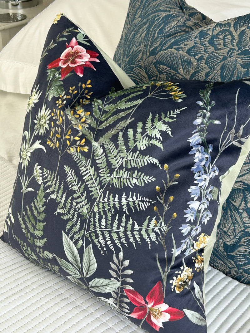 Eden Navy Blue Leaf Print Feather Filled Cushion 43cm x 43cm