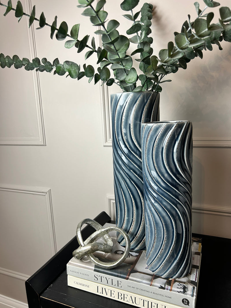 Blue Tall Wavy wave Texture Straight Sided Vase 2 Sizes