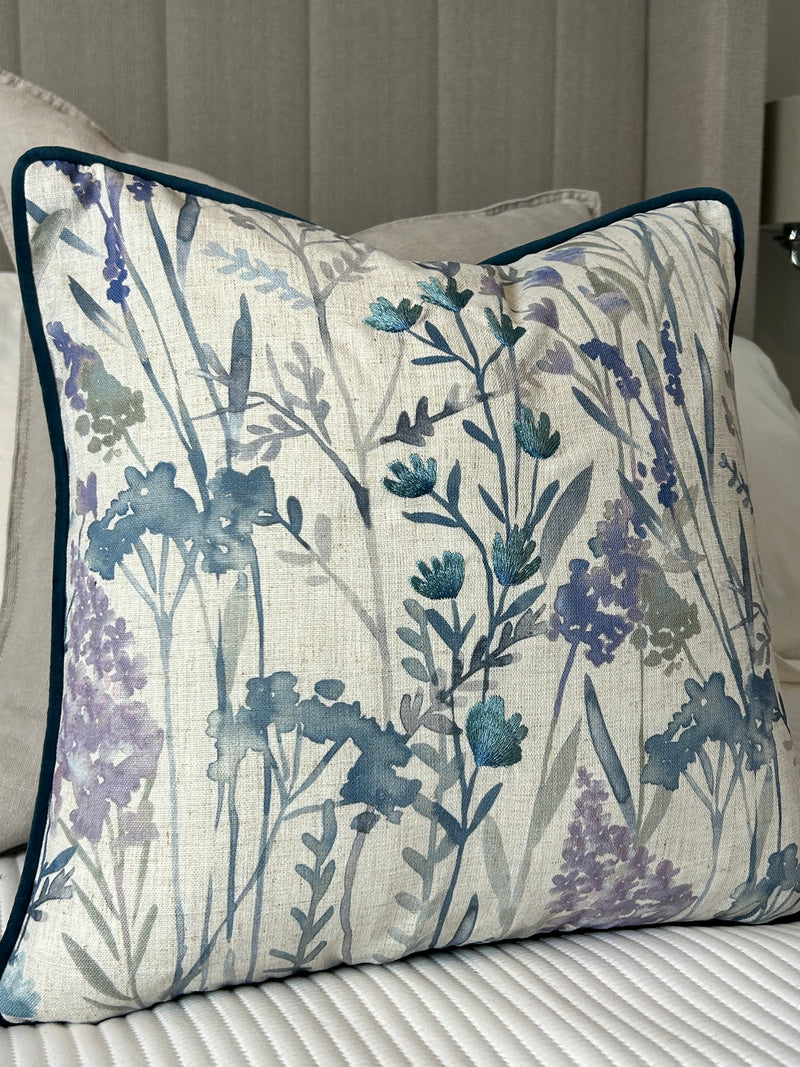 Blue Purple Linen & Velvet  Meadow Print Cushion luxury floral 45cm