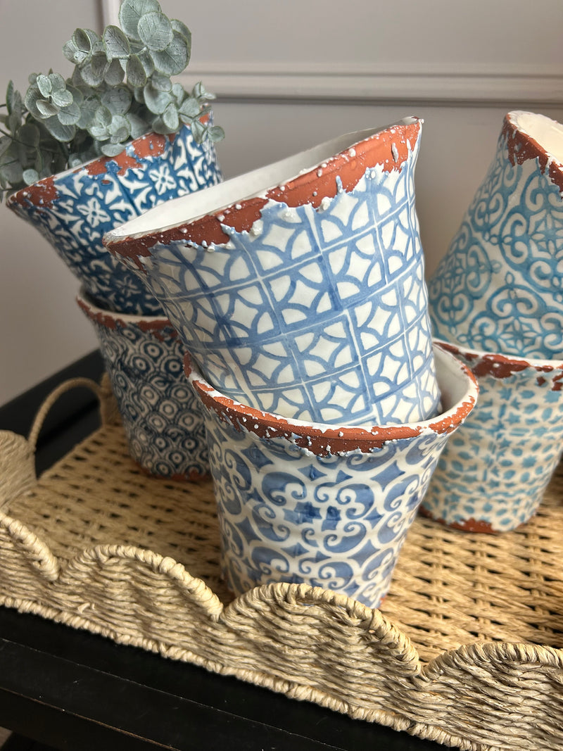 Blue Glazed Terracotta rustic Plant Pots, 6 designs 3 colours