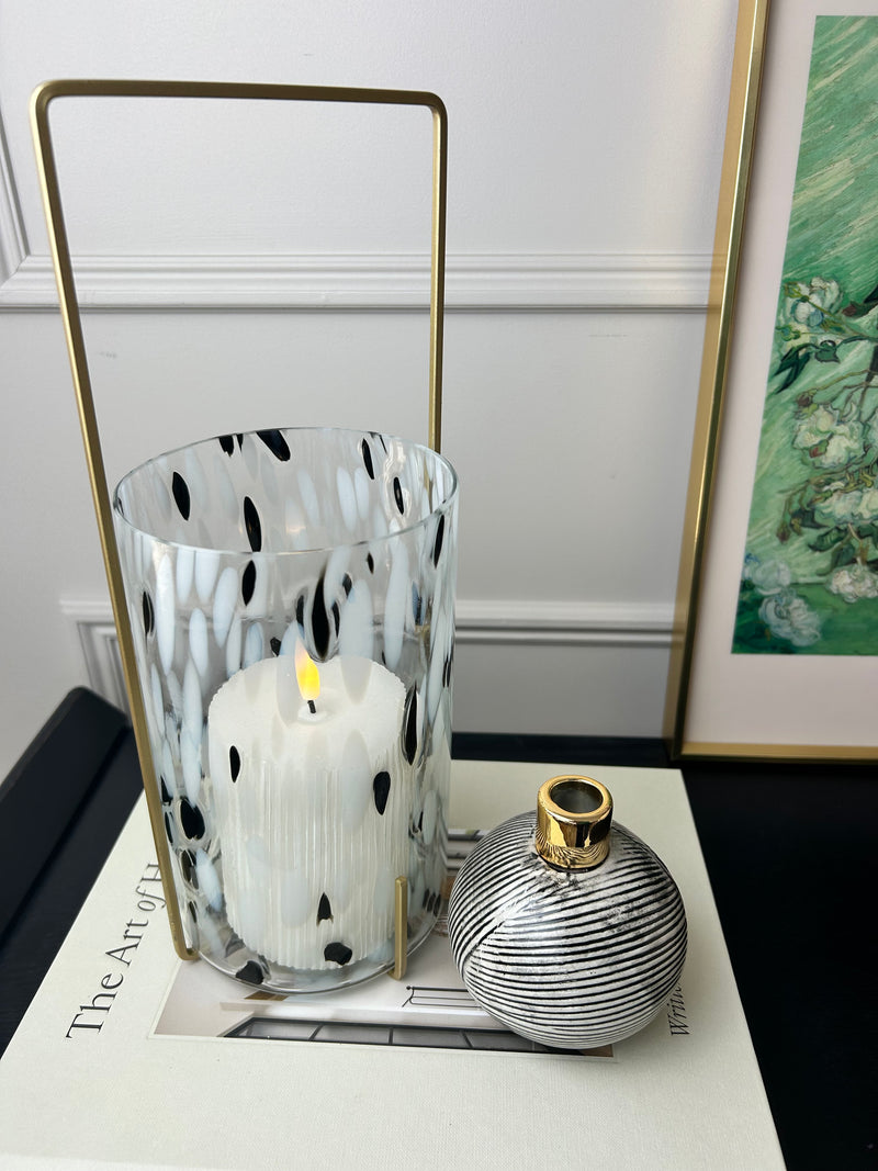 Black white gold fleck candle holder glass metal