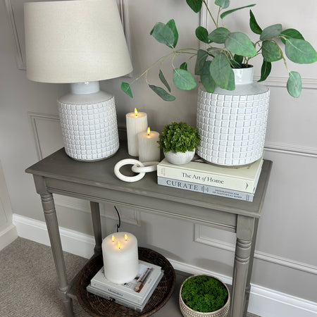 Stone grid print white lamp with linen shade