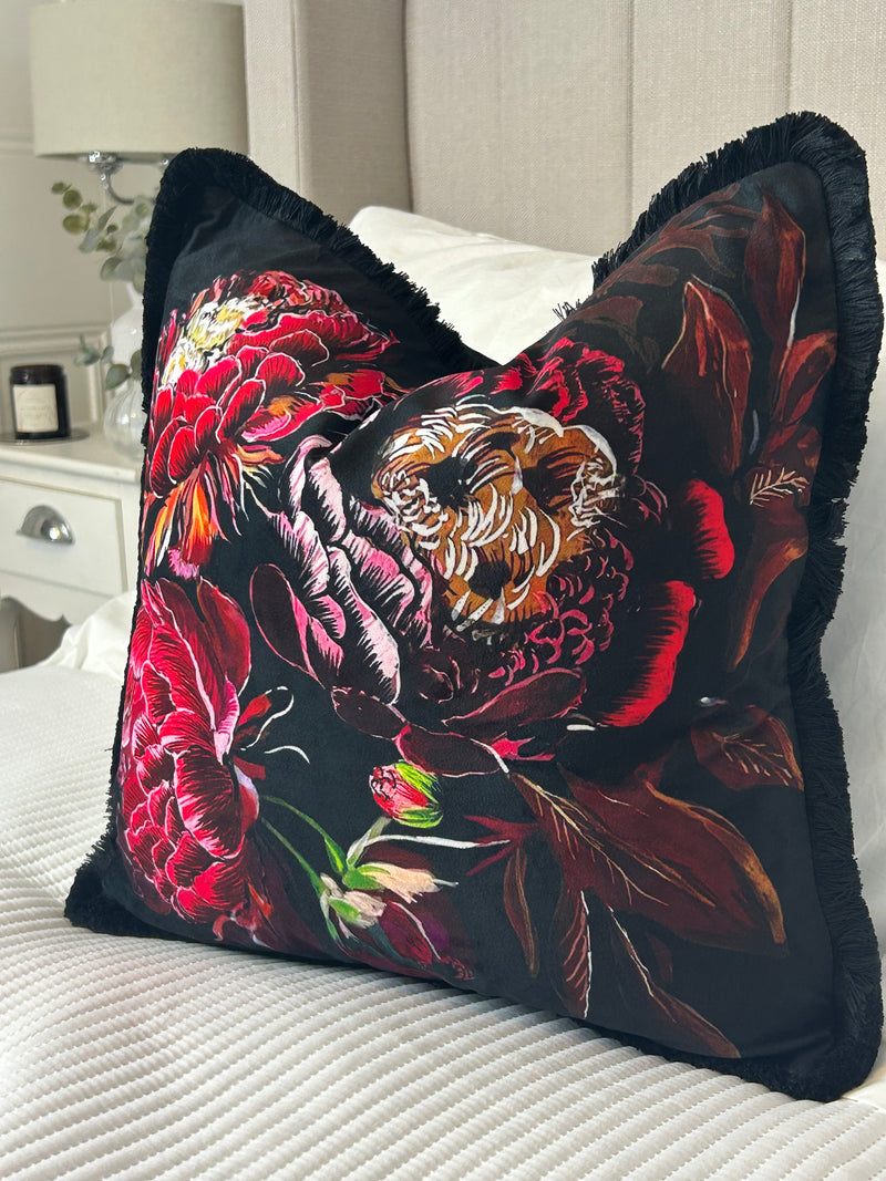 Black Red Pink Velvet Fringed luxury feather filled Cushion