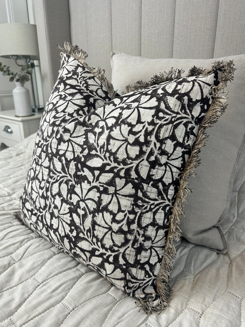 Brown print mocha stone cream print tassel edge cushion