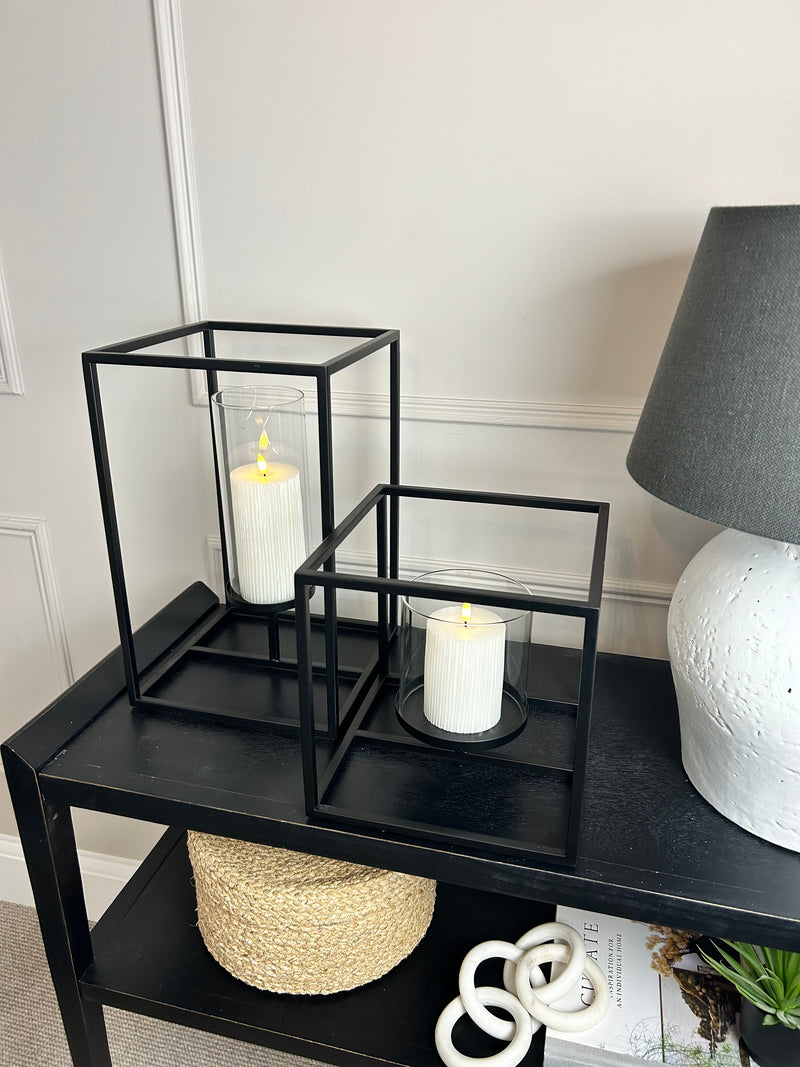 Framed windlight black metal candle holder 2 sizes