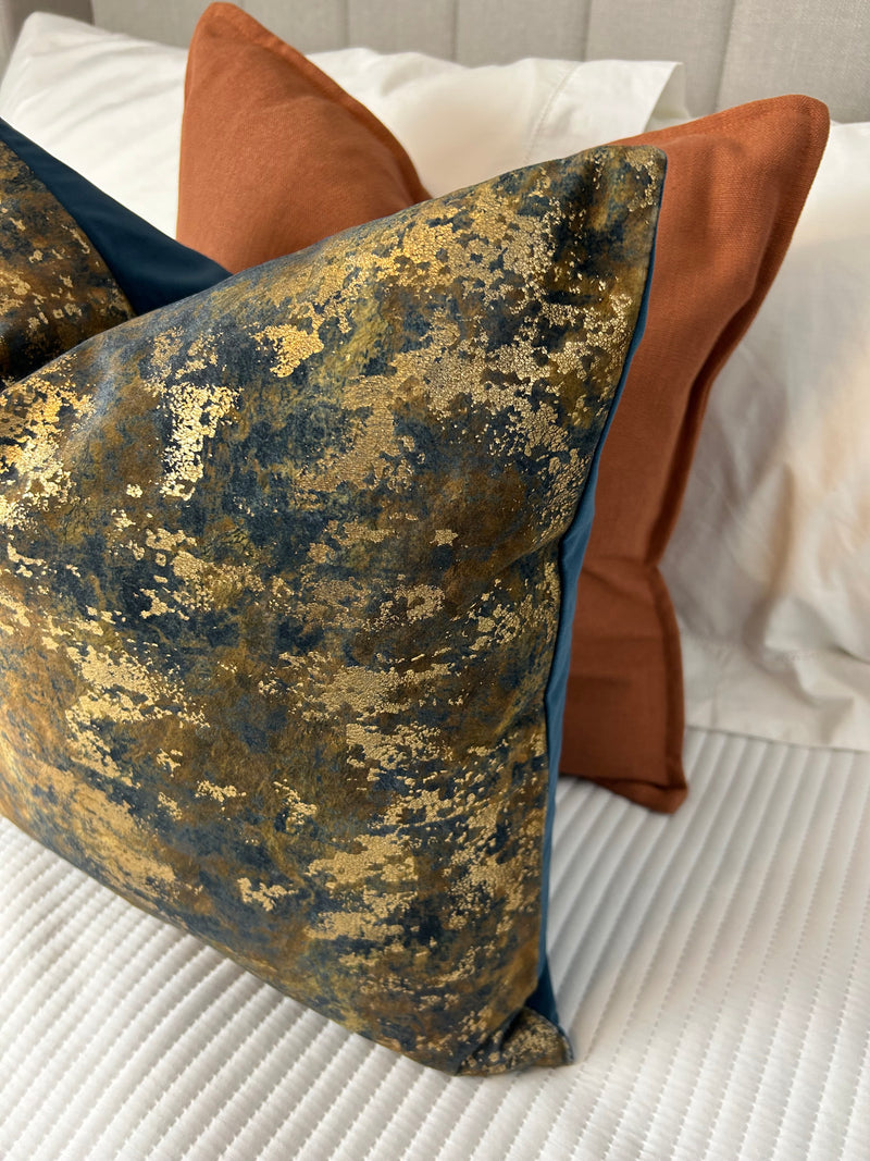 Brazen Blue gold bronze metallic textured luxury feather filled cushion