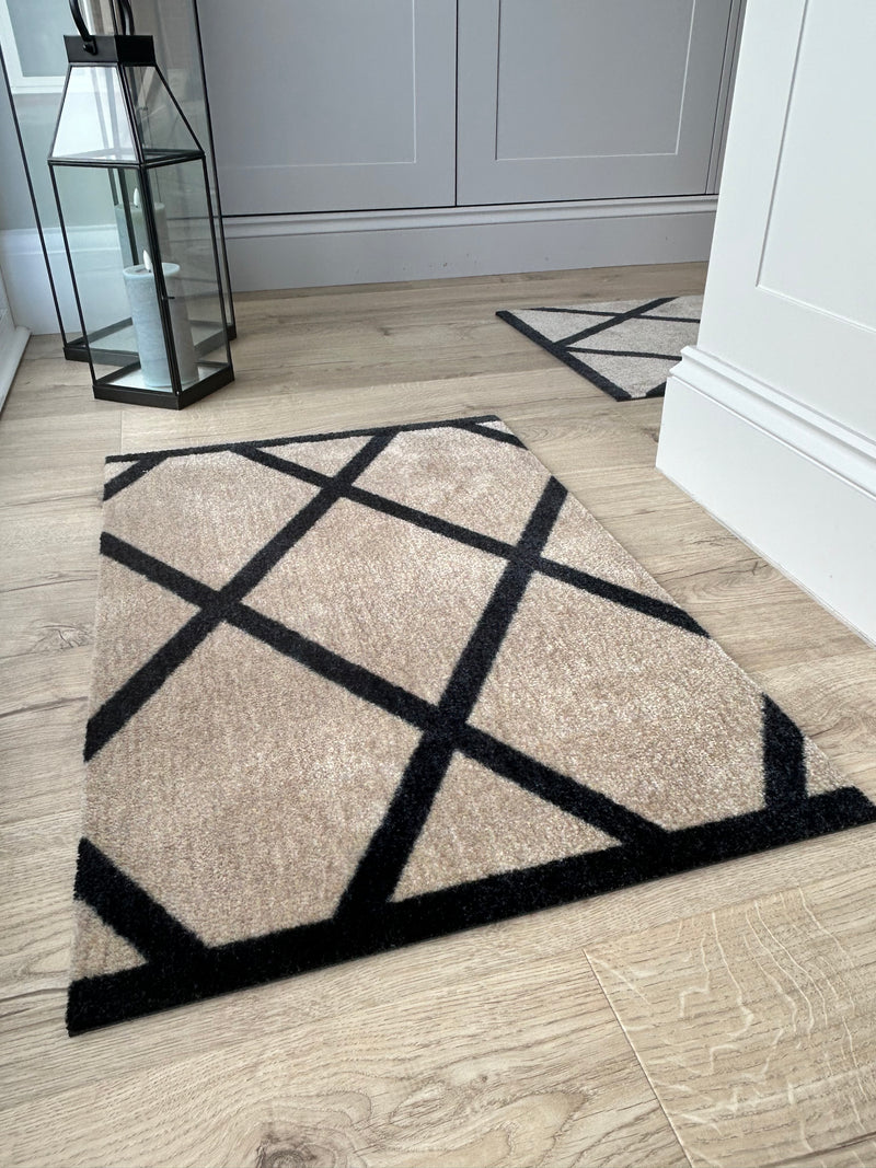 Abstract Natural Black Geometric Washable Door Mat & Runner rug