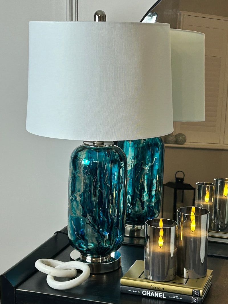 Blue turquoise navy silver lamp with white shade