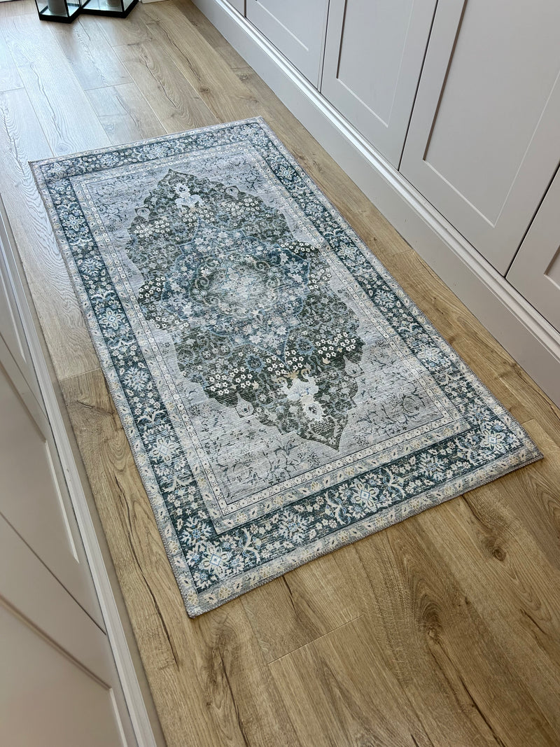 Oakham Traditional blue green Grey Washable Runner mat rug Available in 3 Sizes