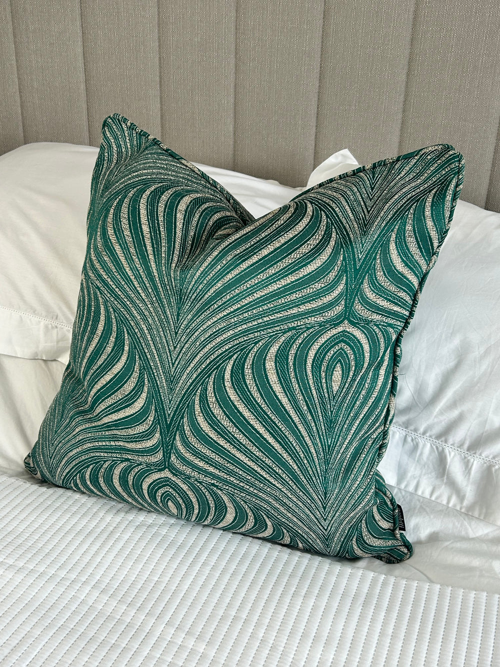 Gatsby Luxe Teal Fan Jacquard Print Feather Cushion 55cm Abode