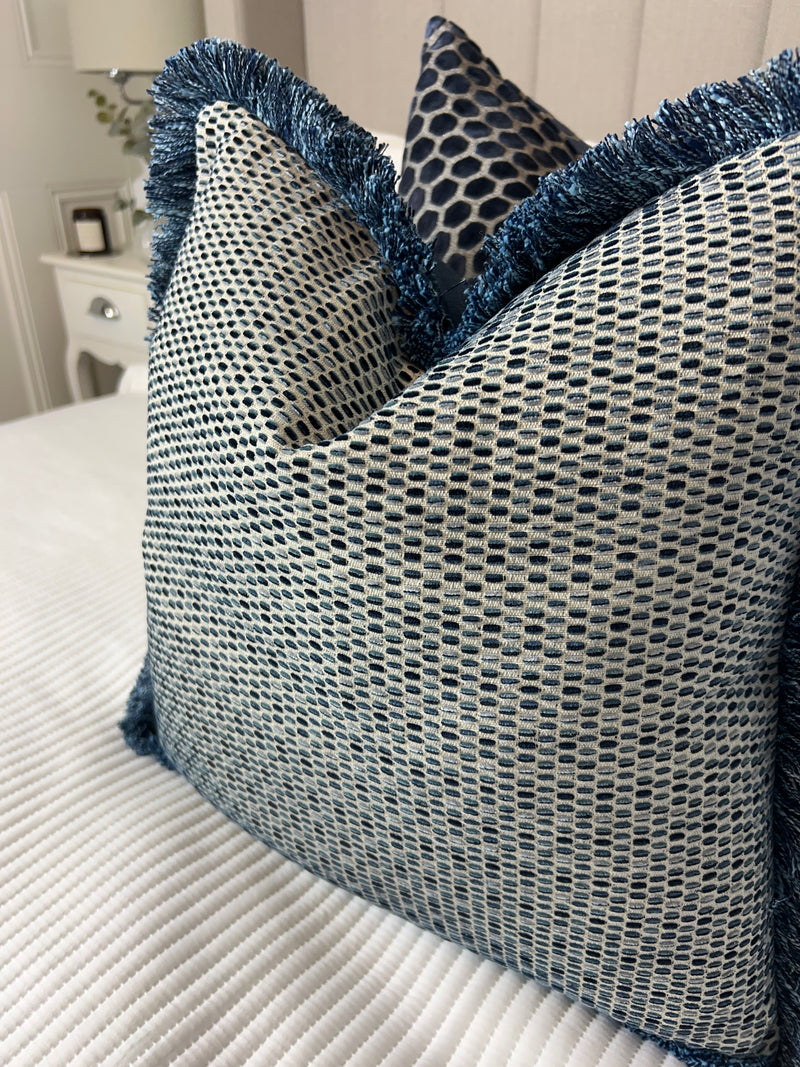 Blue Jacquard dot print frill Weave Fringed tassel Cushion Feather Filled luxury 45cm