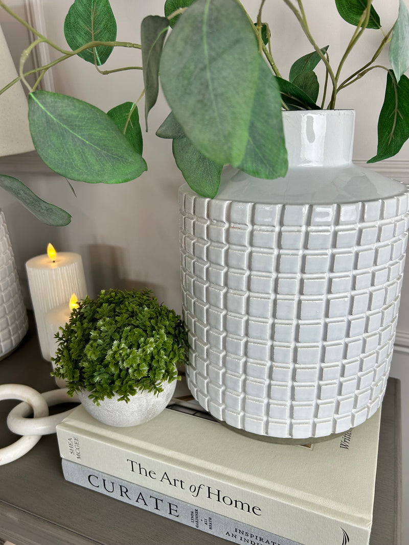 Stone grid print chunky white vase